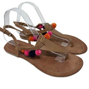 Boden Pompom Leather Sandals Women’s Size 9 Tan Thongs Colorful Fun